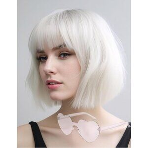 Women's White 12 Inch Costume Cosplay Party Short Bob Wigs And Sunglass
